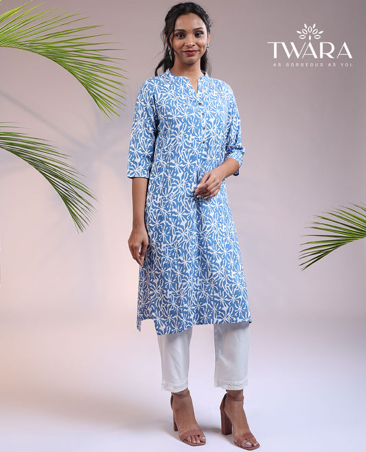 Twara blue uniquely printed Chinese collar & 3/4th sleeve rayon straight-cut below-knee kurti