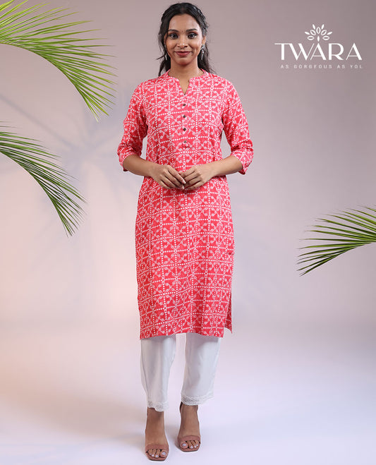 Twara pink intricately printed Chinese collar & 3/4th sleeve rayon straight-cut below-knee kurti