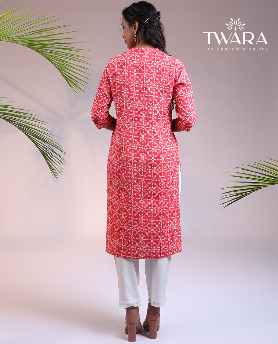 Twara pink intricately printed Chinese collar & 3/4th sleeve rayon straight-cut below-knee kurti