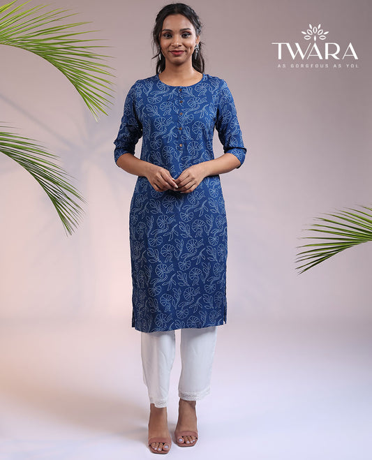 Twara blue floral print round neck & 3/4th sleeve rayon straight-cut below-knee kurti