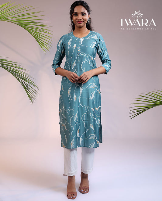 Twara blue uniquely printed round neck & 3/4th sleeve muslin straight-cut below-knee kurti