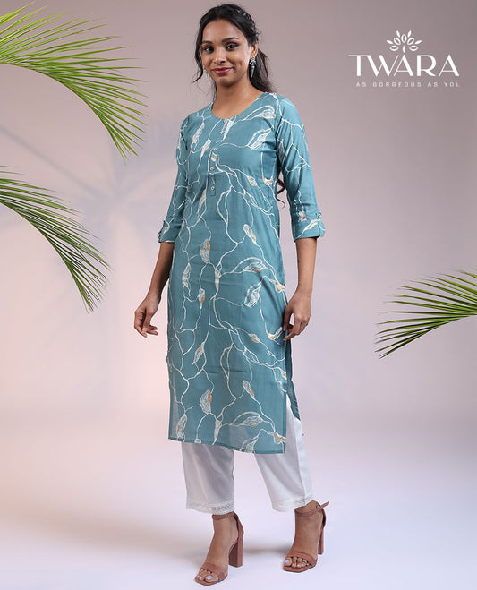 Twara blue uniquely printed round neck & 3/4th sleeve muslin straight-cut below-knee kurti