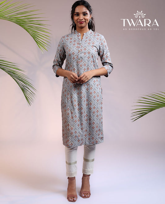 Twara grey unique ikkat_stype motifs printed Chinese collar & 3/4th sleeve rayon straight-cut below-knee kurti