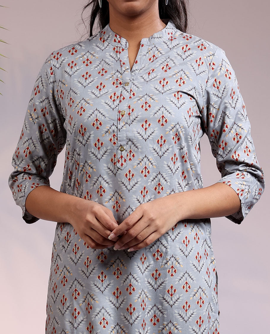 Twara grey unique ikkat_stype motifs printed Chinese collar & 3/4th sleeve rayon straight-cut below-knee kurti
