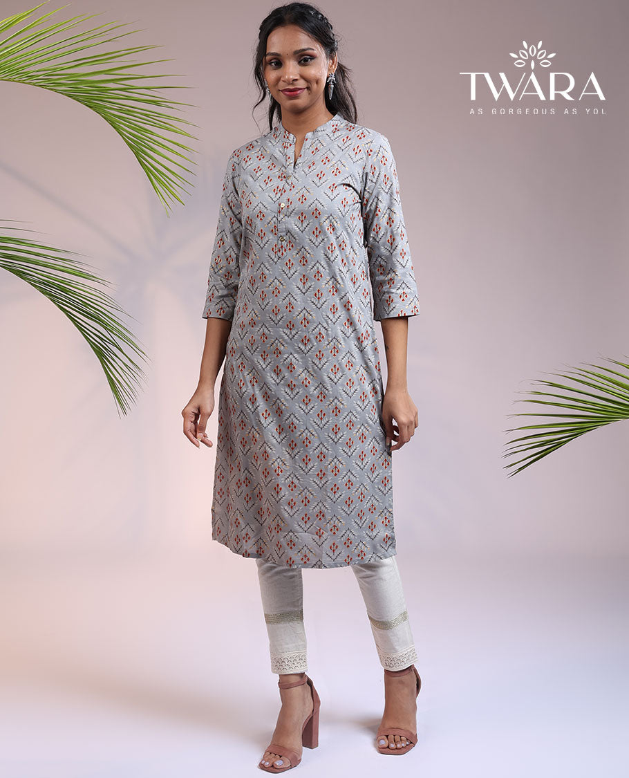 Twara grey unique ikkat_stype motifs printed Chinese collar & 3/4th sleeve rayon straight-cut below-knee kurti
