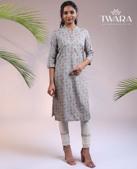 Twara grey unique ikkat_stype motifs printed Chinese collar & 3/4th sleeve rayon straight-cut below-knee kurti