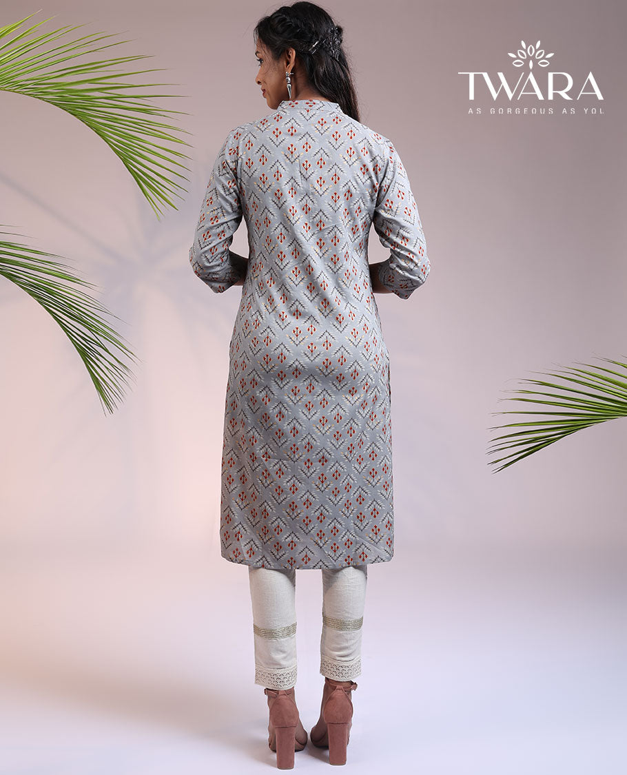 Twara grey unique ikkat_stype motifs printed Chinese collar & 3/4th sleeve rayon straight-cut below-knee kurti