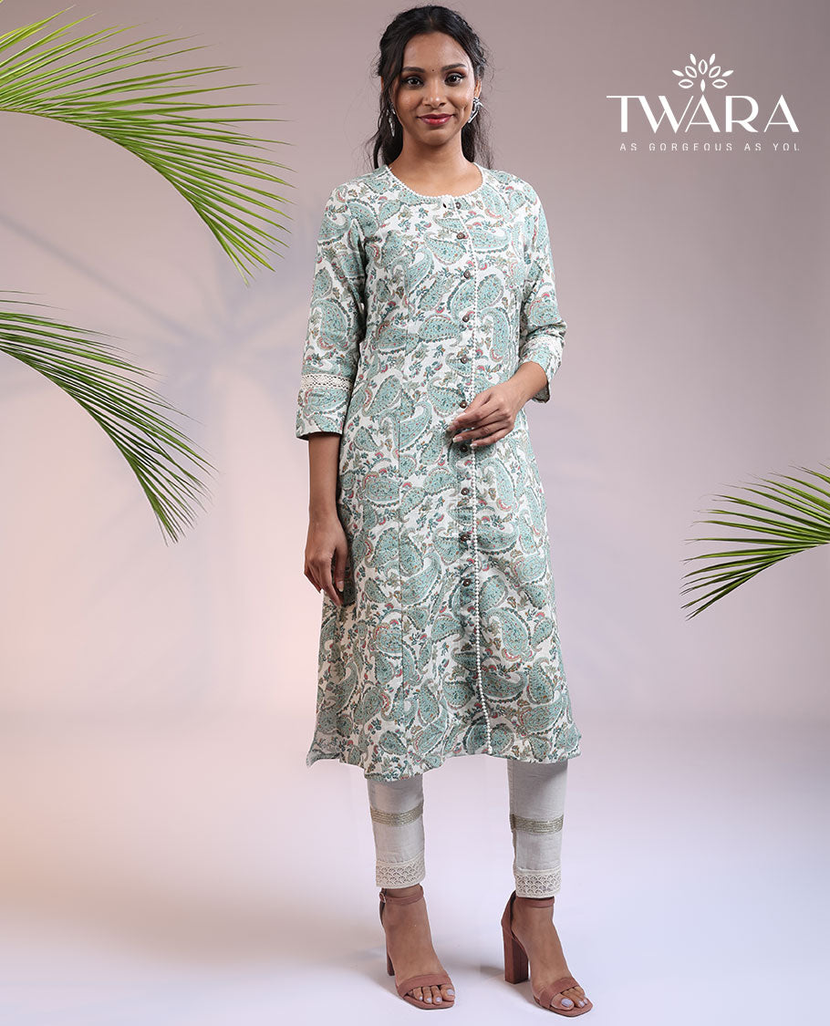 Twara green intricate paisley motifs round neck & 3/4th sleeve cotton straight-cut below-knee kurti