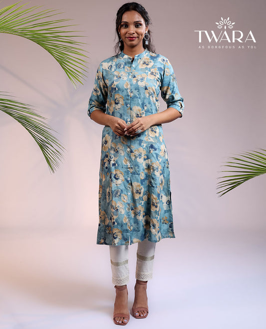 Twara blue abstract & floral printed Chinese collar & 3/4th sleeve straight-cut below-knee kurti