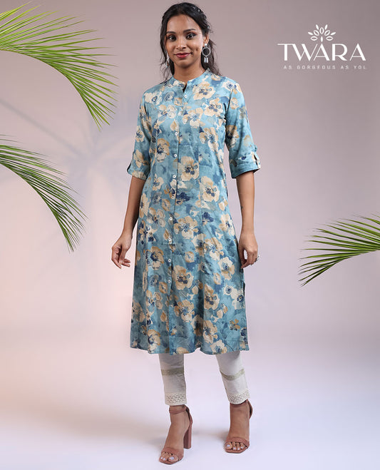 Twara blue abstract & floral printed Chinese collar & 3/4th sleeve straight-cut below-knee kurti