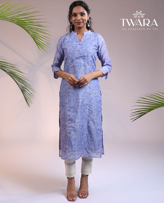 Twara lite lavender abstract-print Chinese collar & 3/4th sleeve straight-cut below-knee kurti