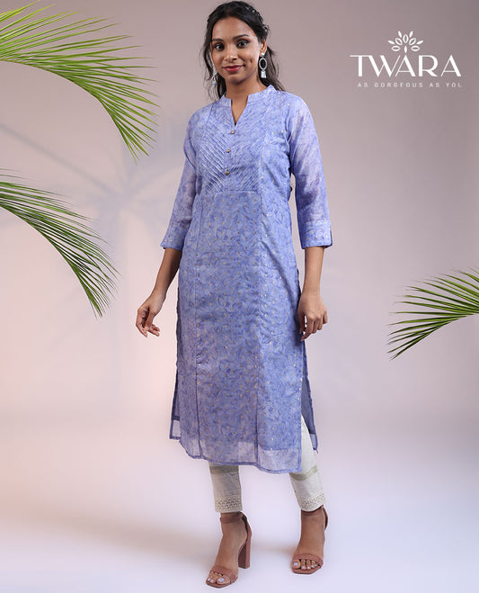 Twara lite lavender abstract-print Chinese collar & 3/4th sleeve straight-cut below-knee kurti