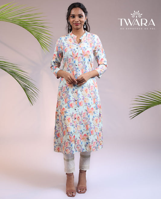 Twara multi-color tropical floral printed 3/4th sleeve & Chinese collar a-line below-knee kurti