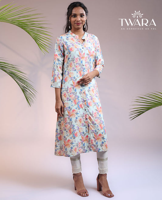 Twara multi-color tropical floral printed 3/4th sleeve & Chinese collar a-line below-knee kurti