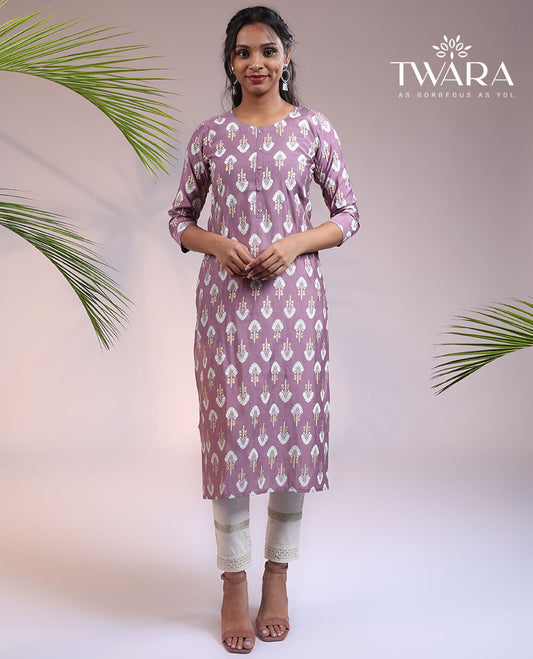 Twara purple unique buttas 3/4th sleeve & round neck muslin straight-cut below-knee kurti
