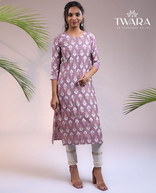 Twara purple unique buttas 3/4th sleeve & round neck muslin straight-cut below-knee kurti