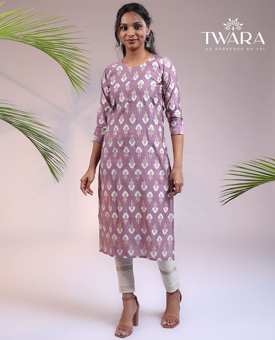 Twara purple unique buttas 3/4th sleeve & round neck muslin straight-cut below-knee kurti