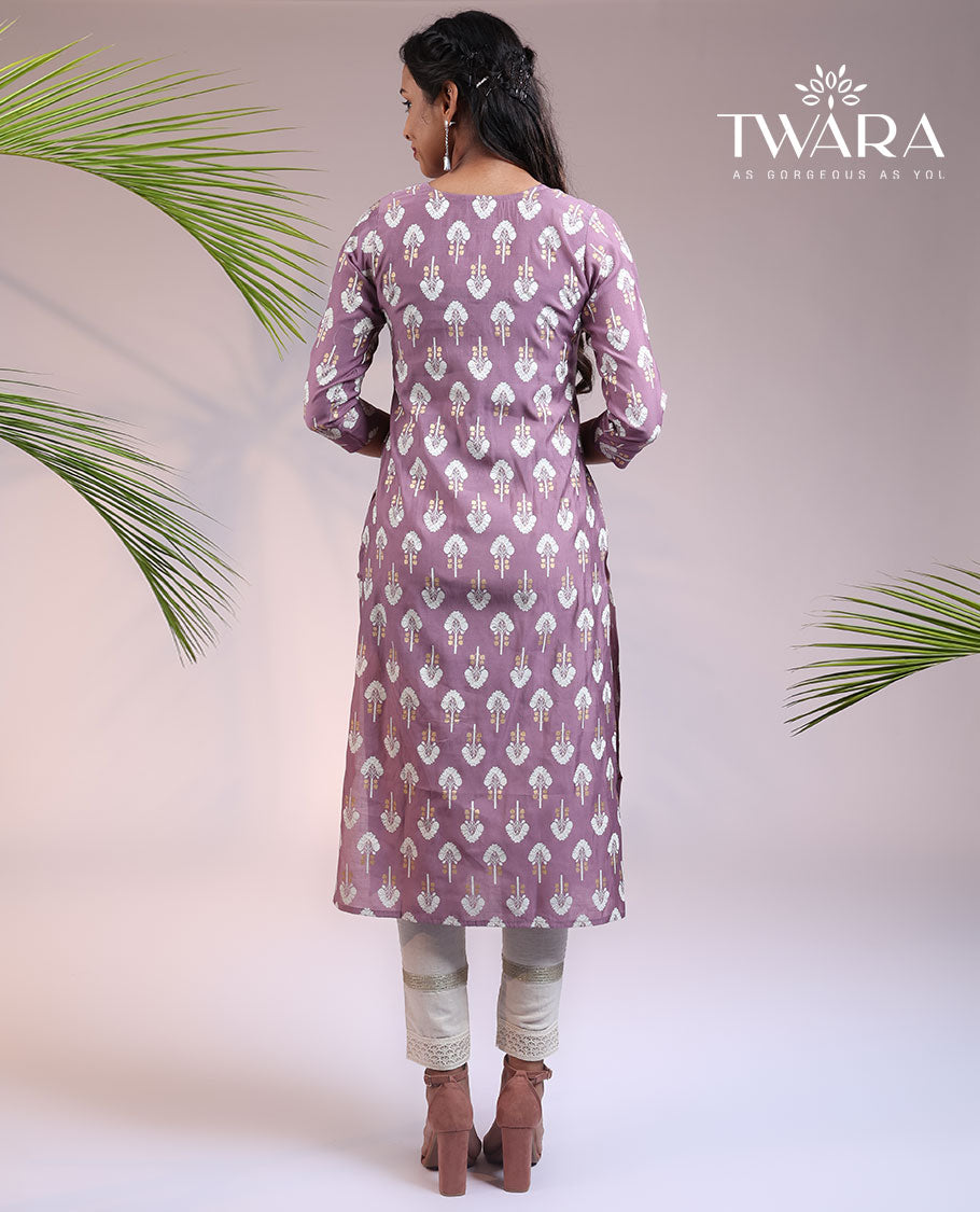 Twara purple unique buttas 3/4th sleeve & round neck muslin straight-cut below-knee kurti