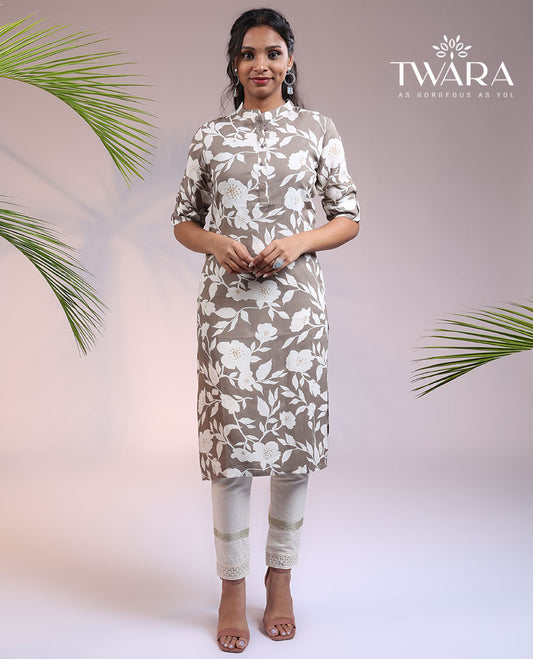 Twara beige floral printed elbow sleeve & Chinese collar straight-cut knee length kurti