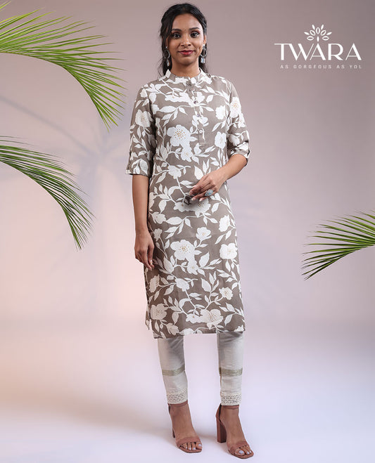 Twara beige floral printed elbow sleeve & Chinese collar straight-cut knee length kurti