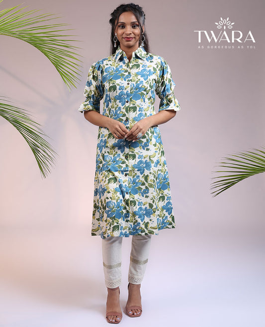 Twara multi-color floral printed elbow puff sleeve & regular collar a-line knee length kurti