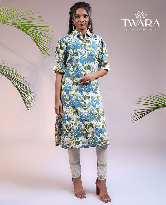 Twara multi-color floral printed elbow puff sleeve & regular collar a-line knee length kurti