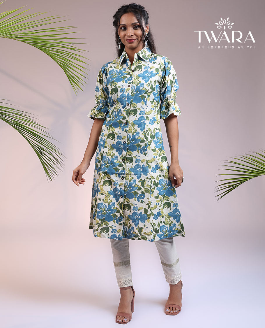 Twara multi-color floral printed elbow puff sleeve & regular collar a-line knee length kurti