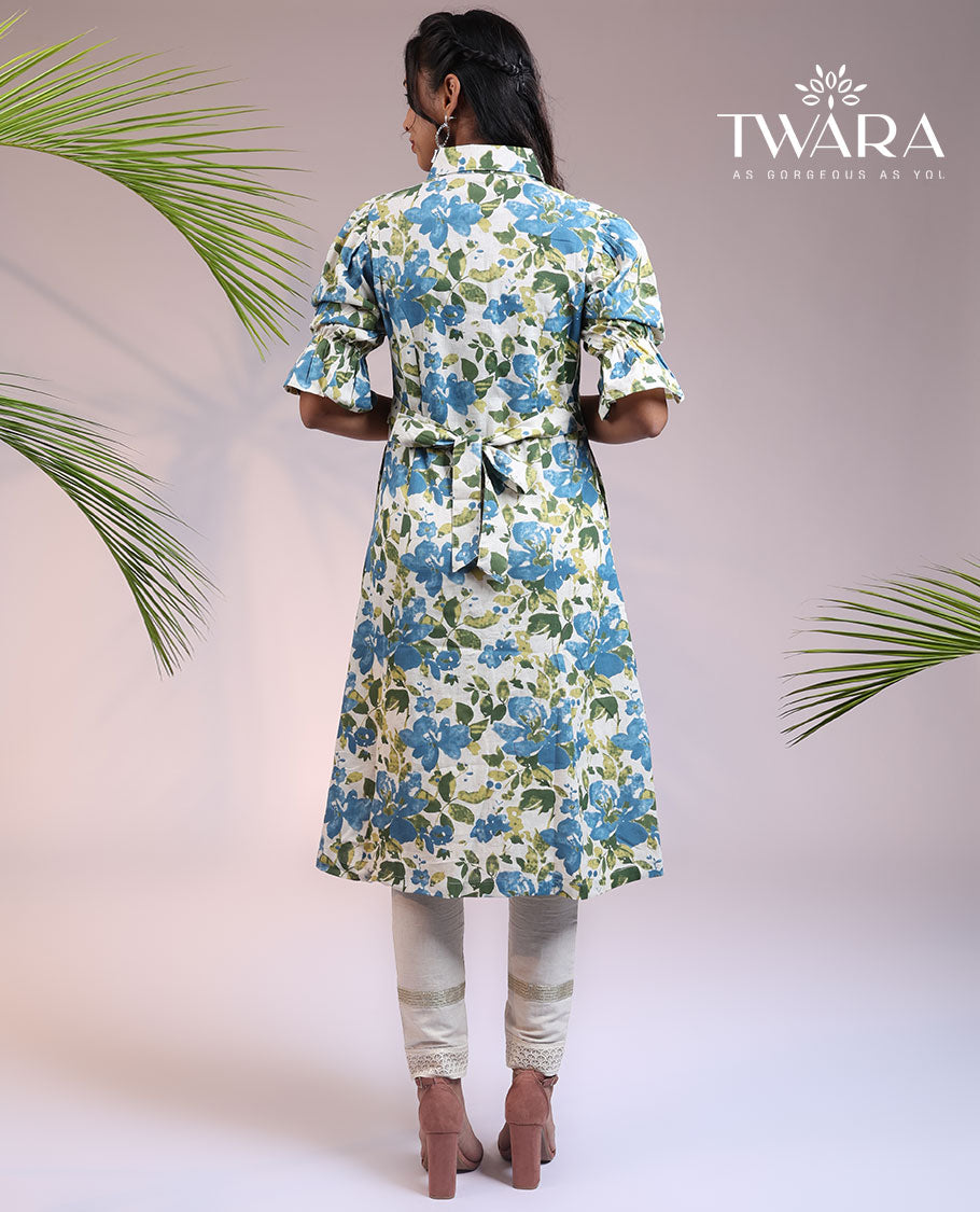 Twara multi-color floral printed elbow puff sleeve & regular collar a-line knee length kurti