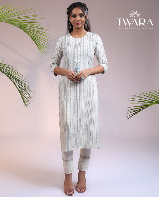Twara off-white striped 3/4th sleeve & round neck cotton straight-cut below-knee kurti