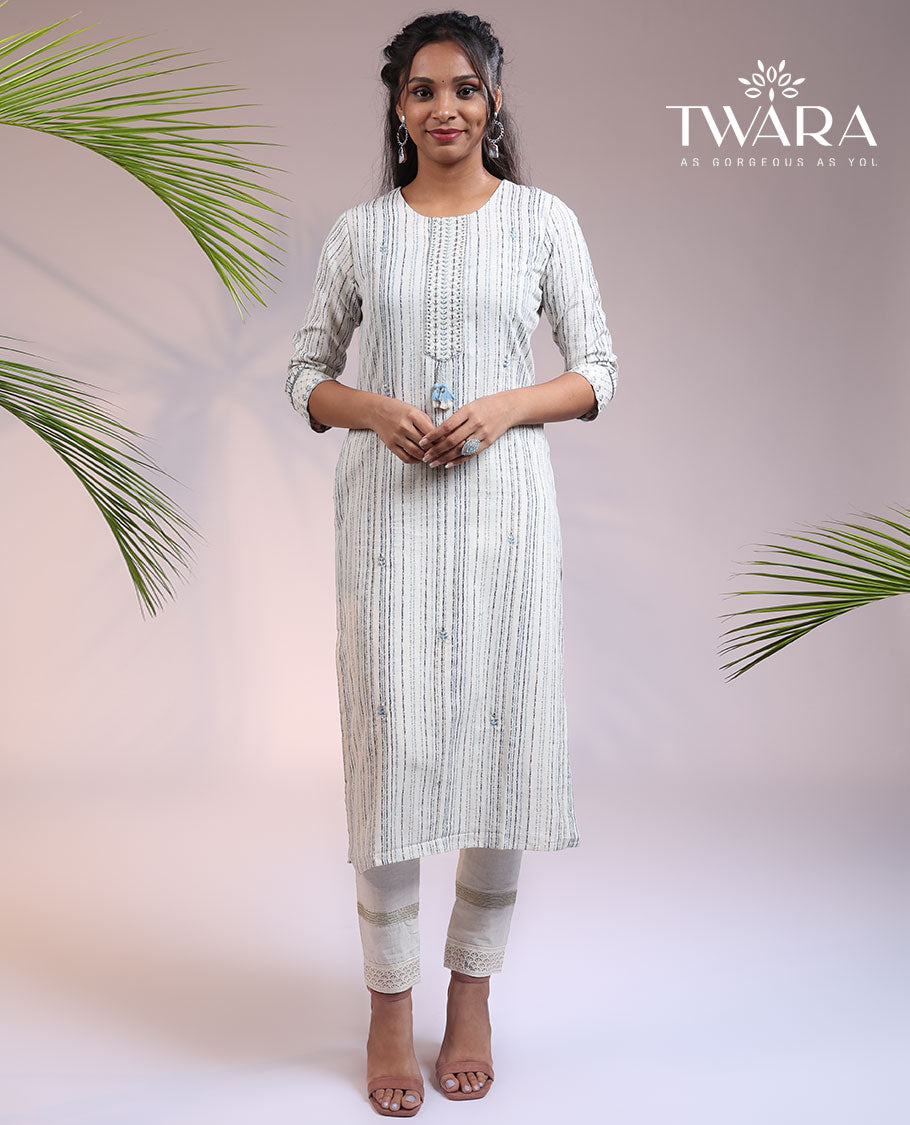 Twara off-white striped 3/4th sleeve & round neck cotton straight-cut below-knee kurti