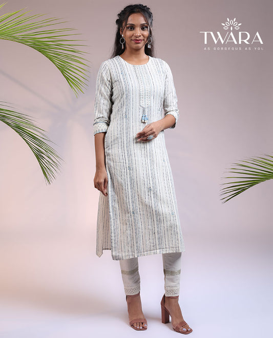 Twara off-white striped 3/4th sleeve & round neck cotton straight-cut below-knee kurti