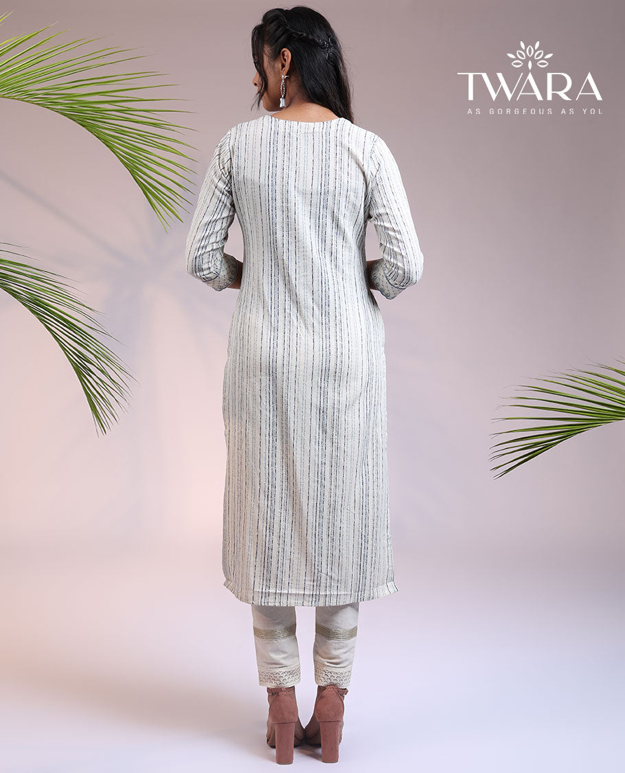 Twara off-white striped 3/4th sleeve & round neck cotton straight-cut below-knee kurti