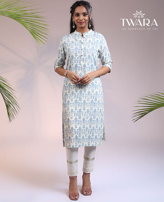 Twara off-white unique buttas printed 3/4th sleeve & Chinese collar straight-cut below-knee kurti