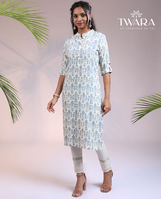 Twara off-white unique buttas printed 3/4th sleeve & Chinese collar straight-cut below-knee kurti