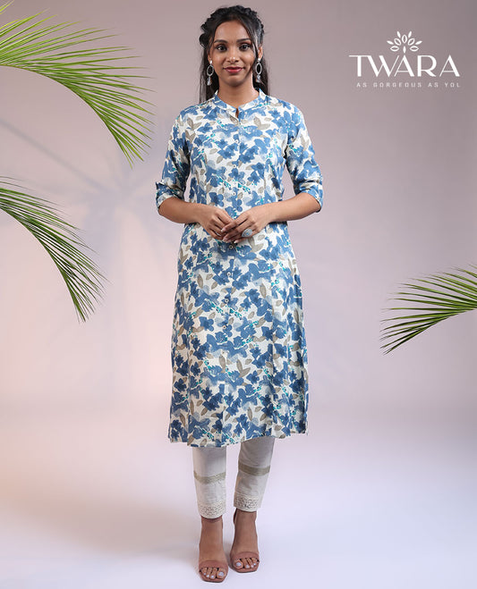 Twara blue floral printed 3/4th sleeve & Chinese collar straight-cut below-knee kurti
