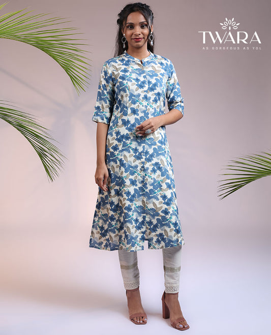 Twara blue floral printed 3/4th sleeve & Chinese collar straight-cut below-knee kurti