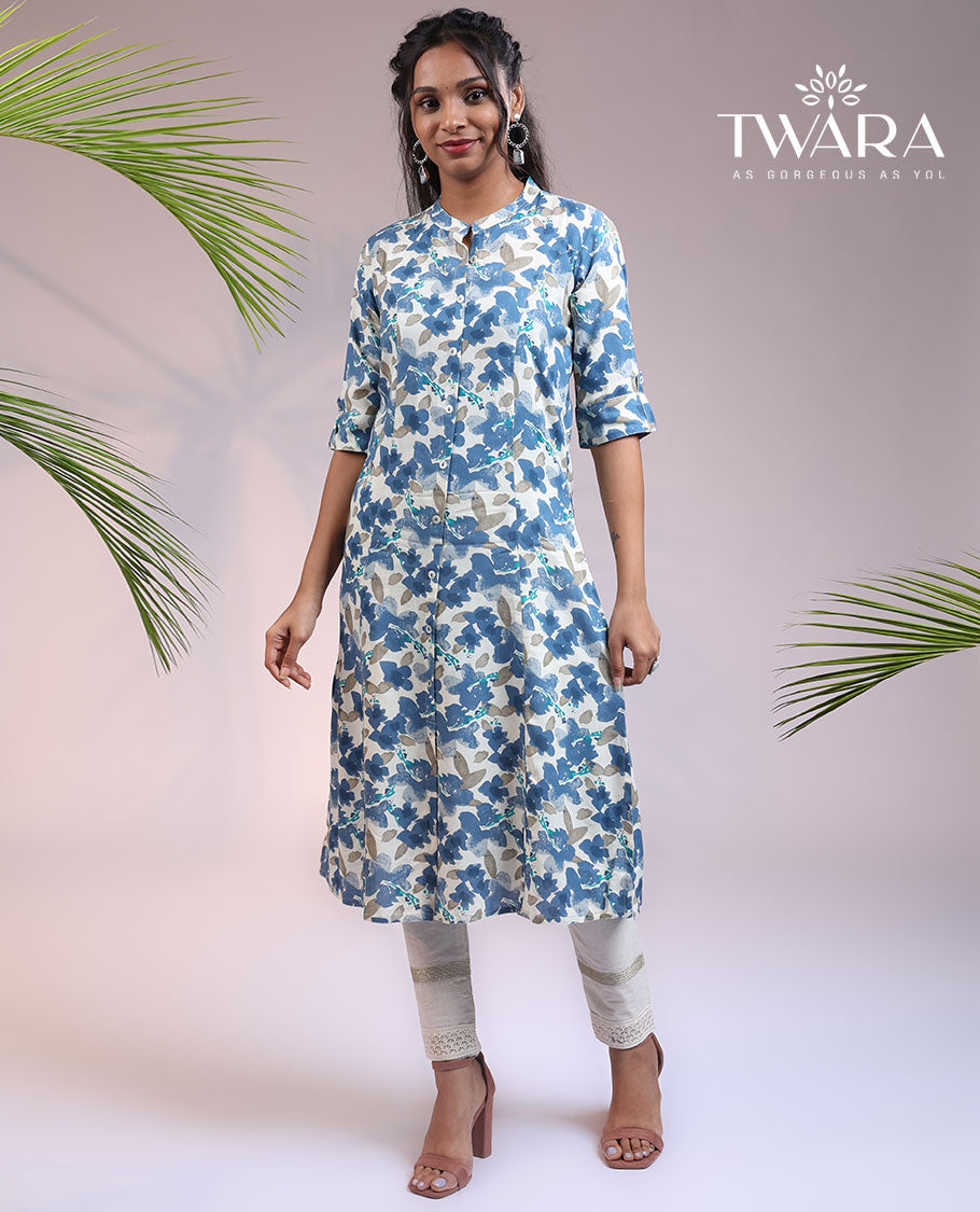 Twara blue floral printed 3/4th sleeve & Chinese collar straight-cut below-knee kurti