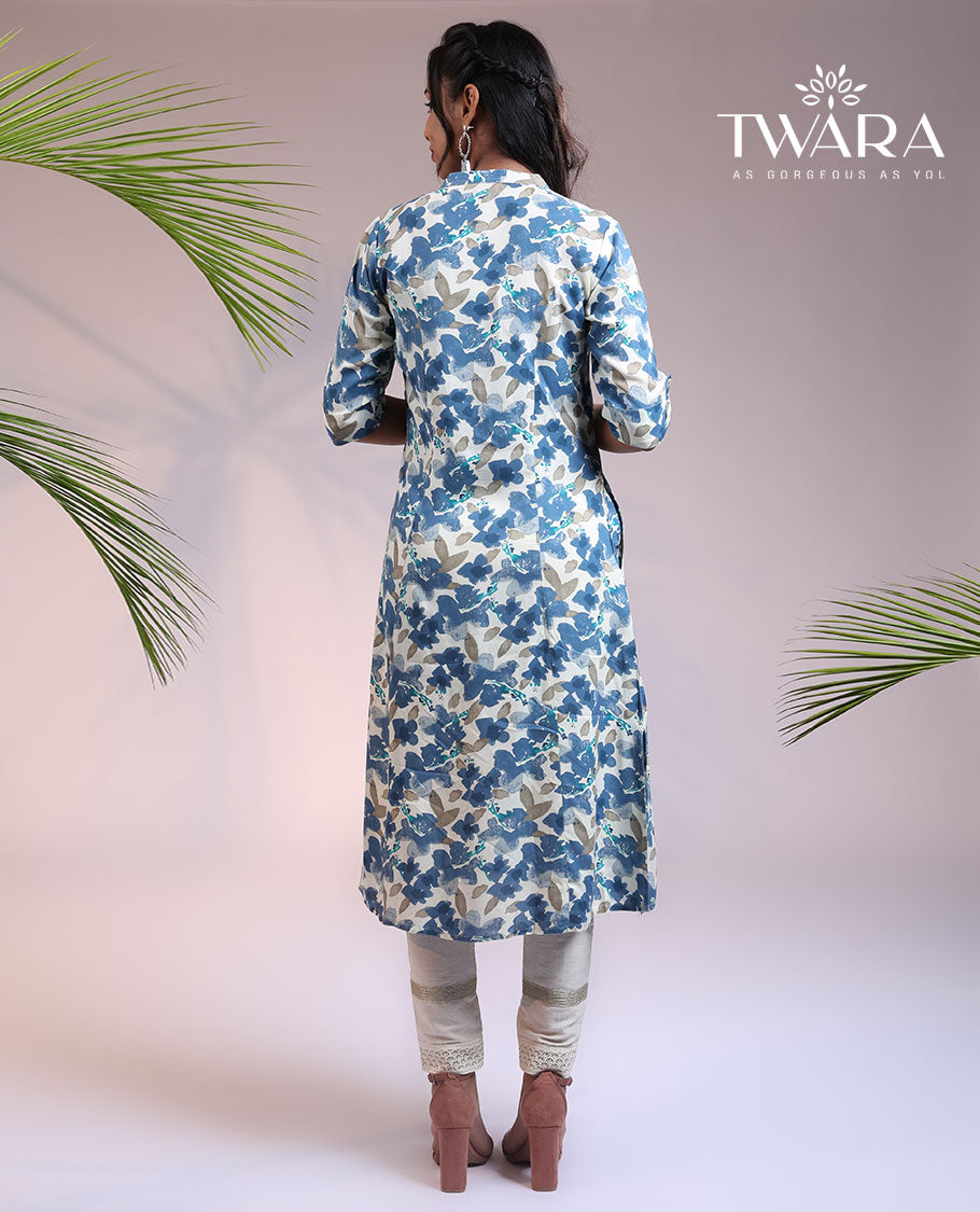 Twara blue floral printed 3/4th sleeve & Chinese collar straight-cut below-knee kurti