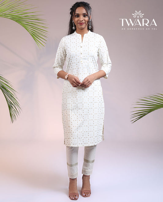 Twara off-white intricately printed with glitter 3/4th sleeve & Chinese collar cotton straight-cut below-knee kurti