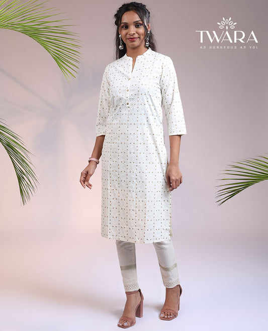 Twara off-white intricately printed with glitter 3/4th sleeve & Chinese collar cotton straight-cut below-knee kurti