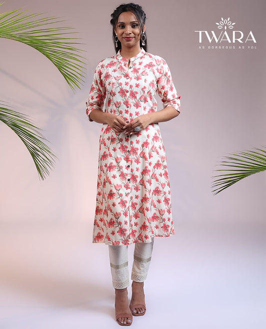 Twara off-white floral printed 3/4th sleeve & Chinese collar straight-cut below-knee kurti