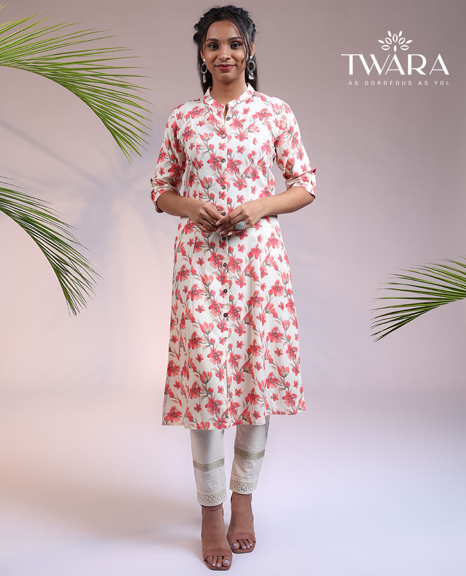 Twara off-white floral printed 3/4th sleeve & Chinese collar straight-cut below-knee kurti