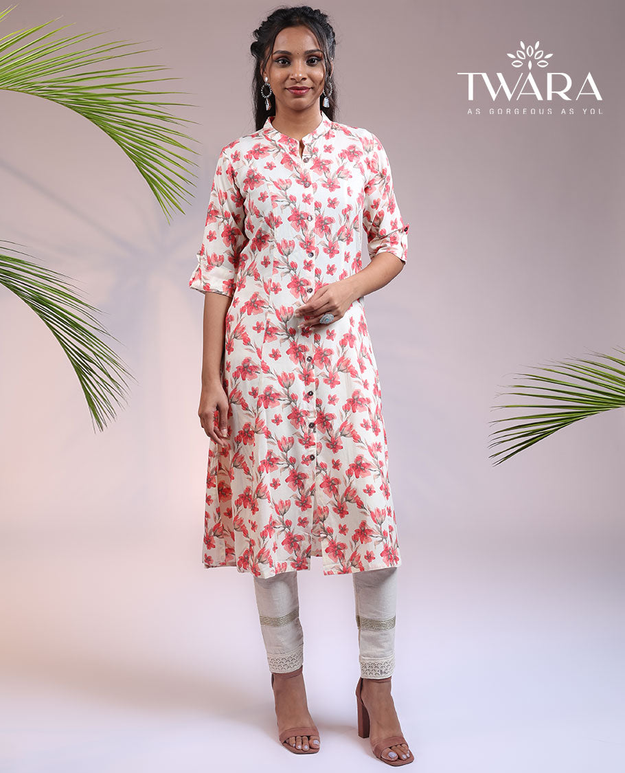 Twara off-white floral printed 3/4th sleeve & Chinese collar straight-cut below-knee kurti