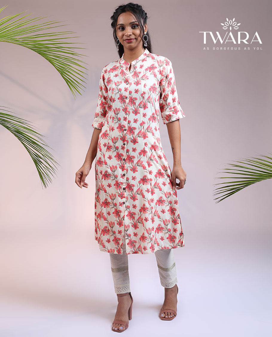 Twara off-white floral printed 3/4th sleeve & Chinese collar straight-cut below-knee kurti