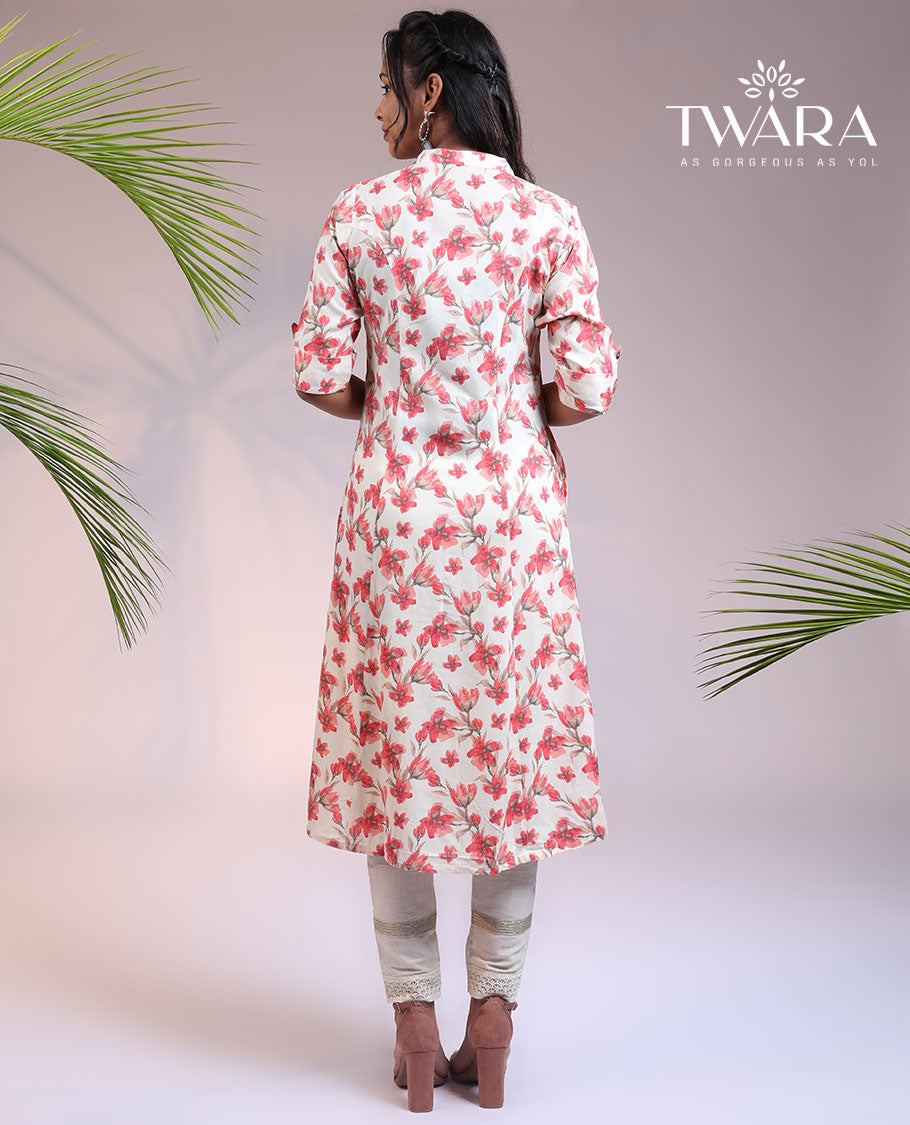 Twara off-white floral printed 3/4th sleeve & Chinese collar straight-cut below-knee kurti