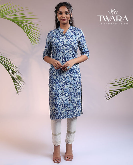 Twara blue floral printed 3/4th sleeve & Chinese collar cotton straight-cut knee length kurti