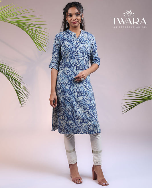 Twara blue floral printed 3/4th sleeve & Chinese collar cotton straight-cut knee length kurti