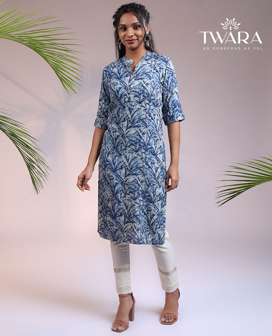 Twara blue floral printed 3/4th sleeve & Chinese collar cotton straight-cut knee length kurti
