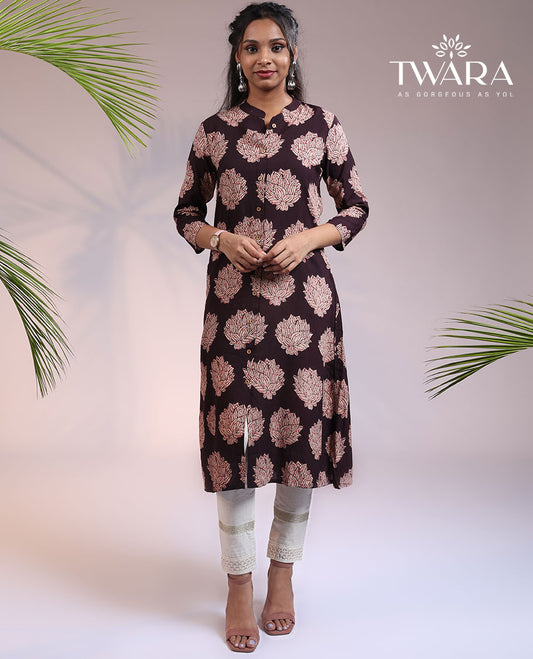 Twara brown floral motifs printed 3/4th sleeve & Chinese collar cotton a-line below-knee kurti