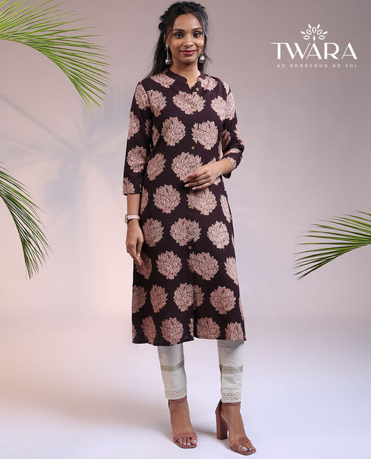 Twara brown floral motifs printed 3/4th sleeve & Chinese collar cotton a-line below-knee kurti